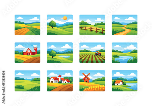 Rural landscape. Colorful flat vector icons set of rural landscape: farmland fields, rolling meadows, fence lines, dirt path, open