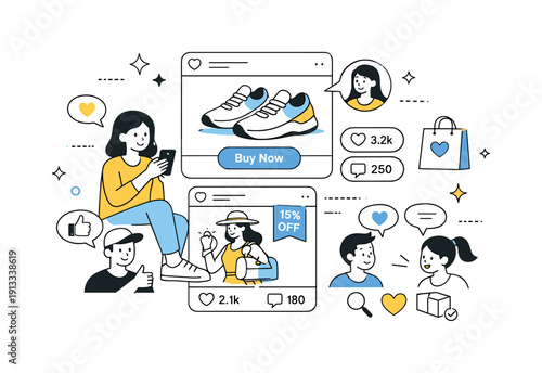 Social commerce trends. A person shopping directly from social media-style posts with likes and comments visible, showing influence-driven