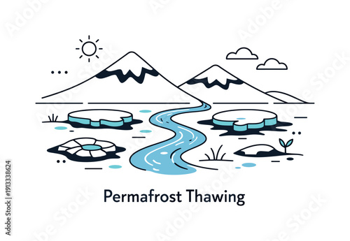 Permafrost thawing. Arctic landscape with simplified mountains, ice patches, and flowing meltwater. Calm but concerning climate scene
