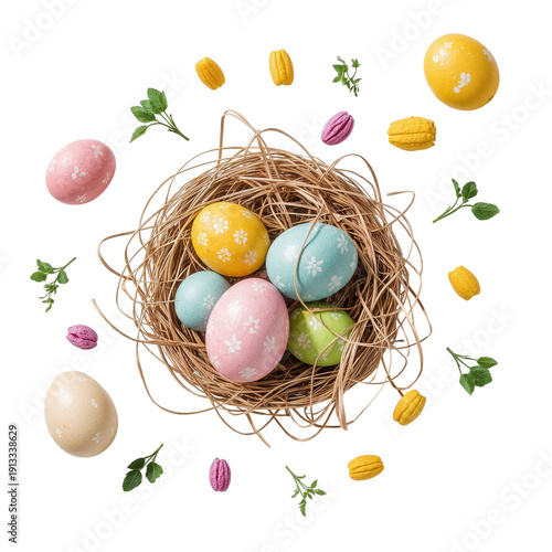 Colorful Easter Eggs in a Nest Surrounded by Macarons and Herbs on a White Ba...