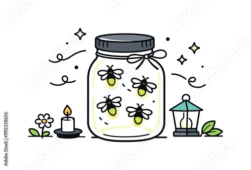 Garden firefly jar. Jar with glowing fireflies arranged slightly off-center for a soft dynamic feel. Relaxed backyard mood, light and