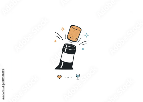 Wine bottle cork detail. A single cork gently popping out of a wine bottle, small motion lines and subtle stars showing the moment, calm