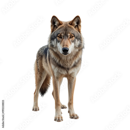 Gray Wolf Stands Alert in a White Background During Daylight Hours Near Its H...