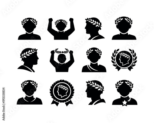 Person with a Crown of Laurels on Their Head. Solid icon set of Person with a Crown of Laurels on Their Head: laurel wreath head, victory