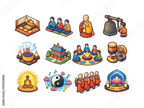 Temple Ceremony. Colorful isometric vector icons set of Temple Ceremony: temple chanting hall, group prayer chant, ceremonial robes figure,