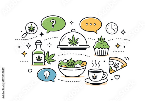 Culinary Cannabis Art. Cannabis culinary culture. Abstract representation of food items combined with plant symbols and conversation bubbles, suggesting