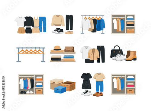 Minimal Wardrobe. Colorful flat vector icons set of Minimal Wardrobe: capsule wardrobe set, limited clothing selection, neutral outfits,