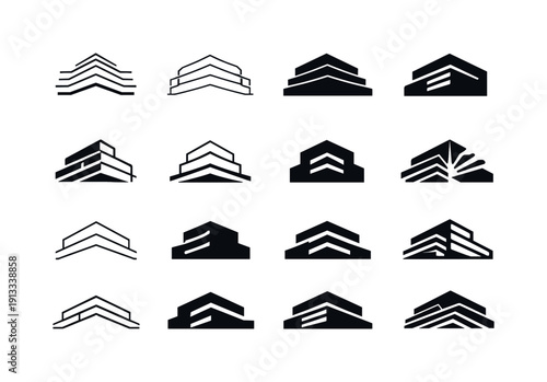 Architectural lighting. Icon set. Set Logo of architectural lighting: linear LED facade lines. harmonious logo variations of the same