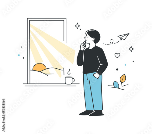 Low winter sunlight. A person standing near a window with low sunlight entering softly, expressing stillness and reflection. Friendly calm