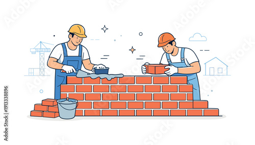 Bricklayers constructing buildings. Bricklayers carefully placing bricks and spreading mortar on a rising wall. The scene conveys skill,