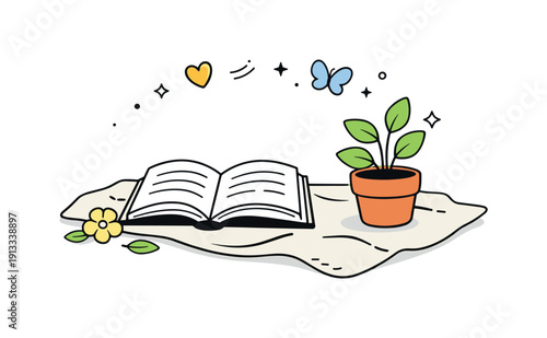 Spring interior decor. A tabletop composition with a linen cloth, open book, and a small potted plant, expressing everyday comfort and light