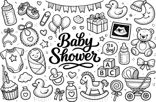 Baby shower celebration goodies, hand drawn doodle elements set, center hand-lettered title, black & white vector line art, bold
