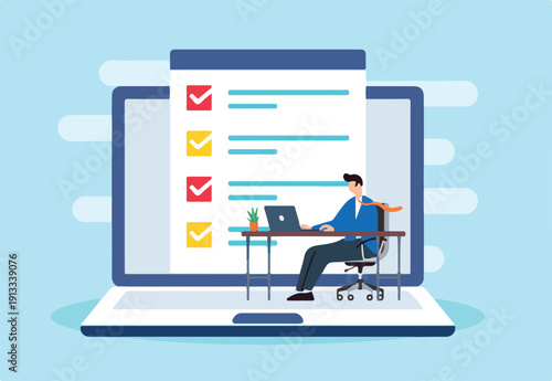 Flat illustration of sales manager fill business checklist on laptop screen in office desk