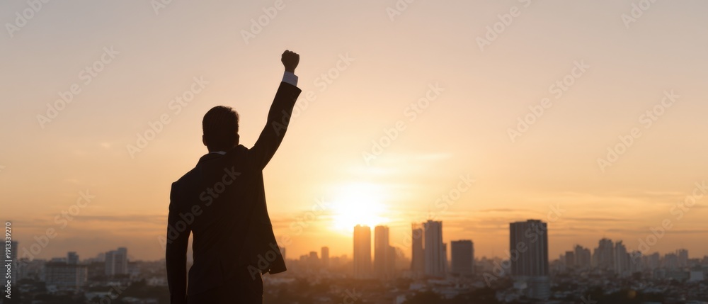 Fototapeta premium Confident young asian male celebrating success at sunset over city skyline