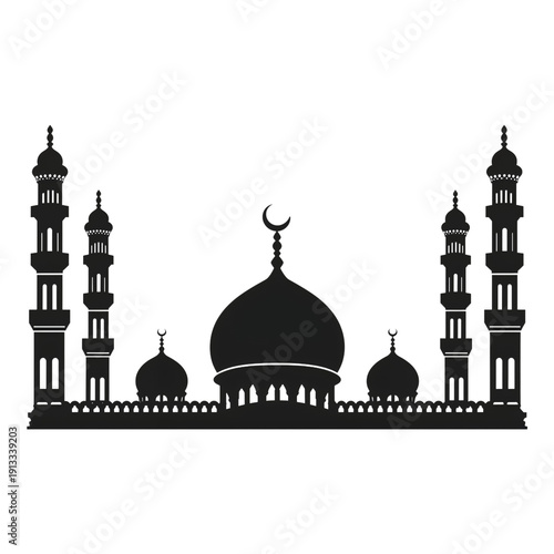 Silhouette of a Mosque With Multiple Domes and Minarets at Sunset in an Urban...