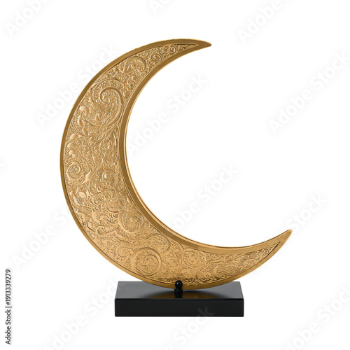 Decorative Gold Crescent Moon Sculpture on a Black Base Displayed Indoors on ...