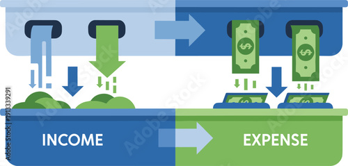 Income and expense infographic, financial flow chart, budgeting process design, flat vector illustration for money management, savings, and business concept