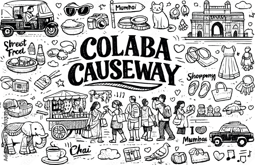 Fototapeta premium Busy Colaba Causeway scene, hand drawn doodle elements set, center hand-lettered title, black & white vector line art, bold clean