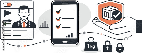 Modern minimal flat vector conceptual collage, crisp hard edges, consistent THIN outline stroke, rounded corners where needed,