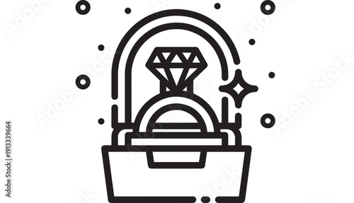 Diamond ring in open jewelry box line icon, engagement proposal symbol with sparkle and confetti dots, minimal black outline illustration on white background