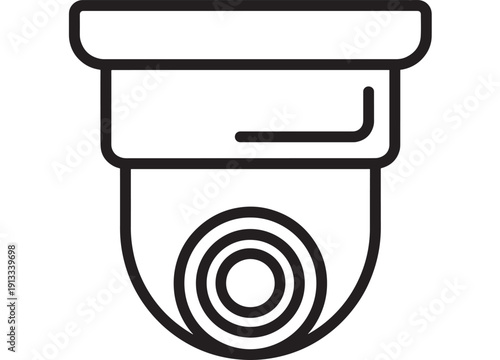 Security camera icon in black outline style, CCTV surveillance symbol isolated on white background for monitoring, protection, privacy, and safety concept designs