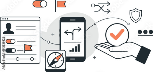 Modern minimal flat vector conceptual collage, crisp hard edges, consistent THIN outline stroke, rounded corners where needed,