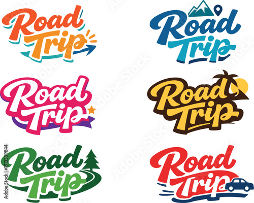 Modern flat holiday banner design highlighting modern lettering logo set for Road Trip, high-demand commercial lettering bundle