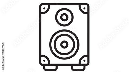 Speaker icon in bold black outline, minimalist audio loudspeaker symbol with woofer and tweeter, isolated on white background for music, sound and media apps