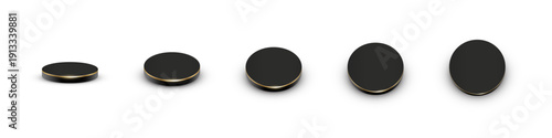 Black podiums with golden edges. Product display platforms with soft gradient surface and smooth cylindrical shape in different angles view. Minimalist modern vector illustration