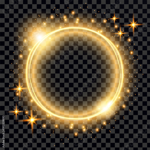 Illuminated Golden Circular Light Effect with Sparkles on a Transparent Background