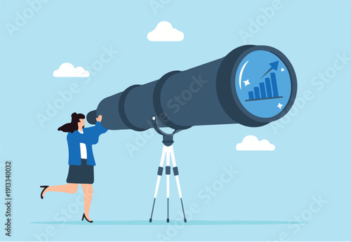 Forecasting market trends, long-term strategic planning, data analysis for future growth, decision-making concept vector illustration. Business analyst using telescope to view financial charts