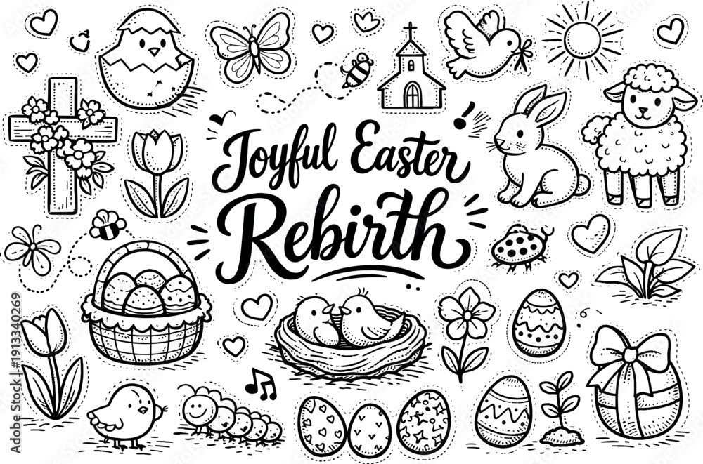 Fototapeta premium Joyful Easter rebirth symbols, hand drawn doodle elements set, center hand-lettered title, black & white vector line art, bold