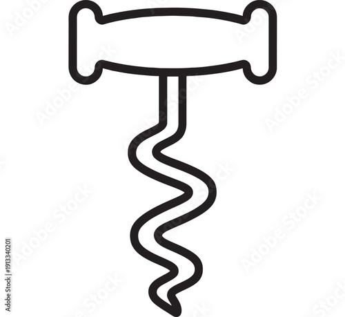 Corkscrew icon in bold black outline, simple wine opener symbol isolated on white background, minimalist vector-style graphic for apps, web UI, and signage