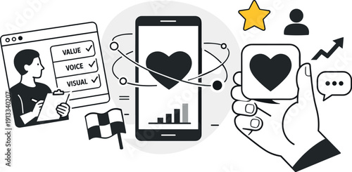 Modern minimal flat vector conceptual collage, crisp hard edges, consistent THIN outline stroke, rounded corners where needed,