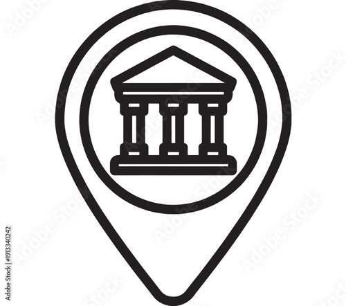 Bank location pin icon showing classic courthouse-style building inside a map marker, black and white vector symbol for finance, ATM, branch search and navigation apps
