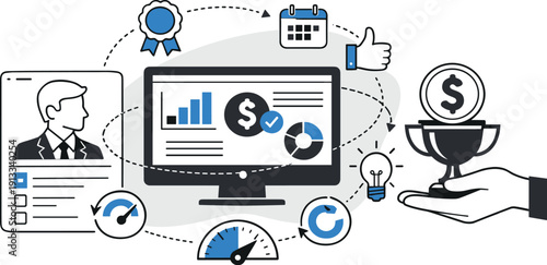 Modern minimal flat vector conceptual collage, crisp hard edges, consistent THIN outline stroke, rounded corners where needed,