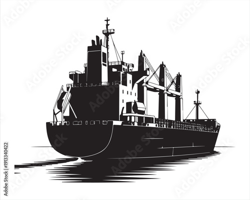 Industrial Cargo Ship Silhouette Vector Illustration of Maritime Freight Vessel on Water