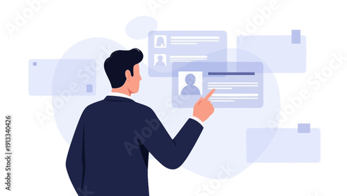 Businessman reviewing profiles on a digital interface, concept of hiring and recruitment