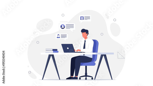 Man working on laptop at desk, communication icons, office concept illustration