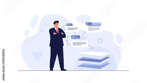 Confident businessman standing with crossed arms next to documents and charts