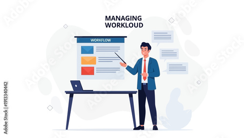 Businessman presenting workflow management and task organization on whiteboard