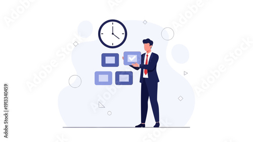 Businessman checking tasks on a timeline with clock and checklist