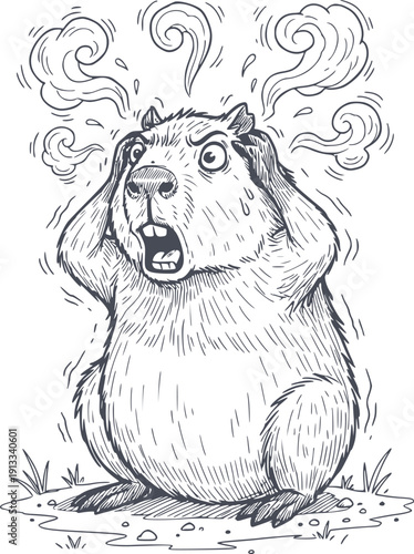 stressed capybara character holding head with headache and steam symptoms hand drawn style vector illustration with no white fills