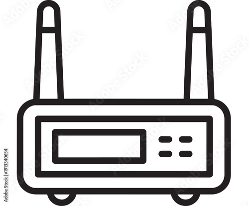 Wireless router line icon with two antennas and front status panel, simple black outline illustration isolated on white background for networking, wifi and internet concepts
