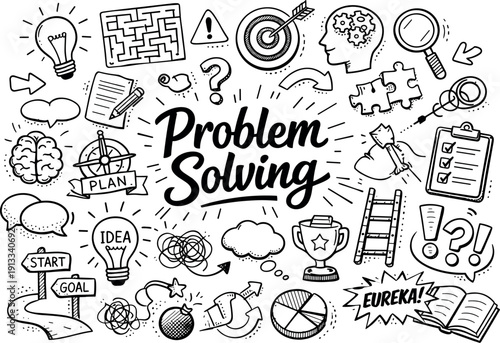 Problem solving illustration, hand drawn doodle elements set, center hand-lettered title, black & white vector line art, bold
