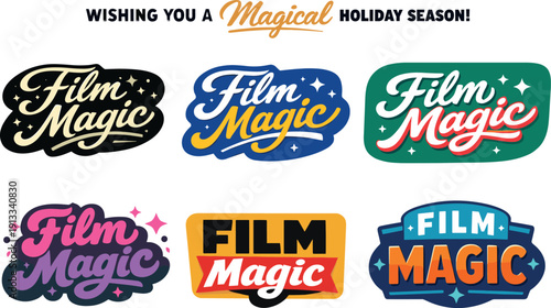 Modern holiday banner with short greeting slogan featuring modern lettering logo set for Film Magic, stock-ready cinematic