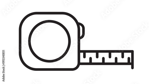 Tape measure icon in black outline, extended measuring ruler symbol for construction, DIY, tailoring, renovation and sizing tools on white background featuring measurement, scale, length with