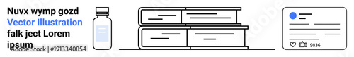 Healthcare, education, social media, online communication, medicine, knowledge sharing. Medical bottle, book stack social media card in a minimalist design. Healthcare and education concepts