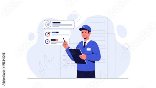 Delivery person checking tasks on clipboard with buildings background