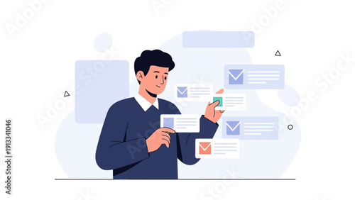 Man organizing digital messages and tasks, workflow management concept